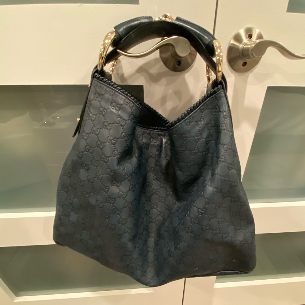 authentic GUCCI horsebit guccissima dark blue leather hobo bag